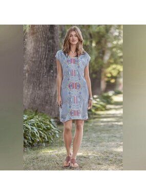 Sundance Valentina Dusky Blue Embroidered Shift Boho Dress Large